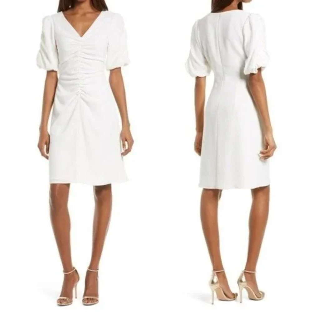 NWT Black Halo Dress Sz 14 Remus Ruched Puff Sleeve White Sugar Ivory‎ Cocktail